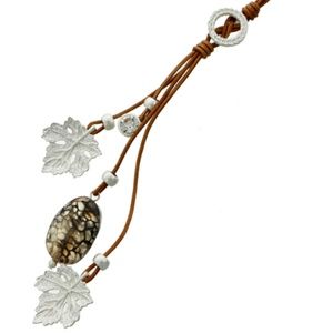 long leather cord leaf and stone pendant